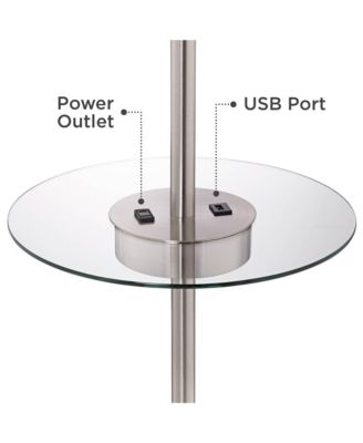 Caper Modern Floor Lamp with Tray Table 60 1/2" Tall Brushed Nickel USB and AC Power Outlet Off White Fabric Drum Shade for Living Room