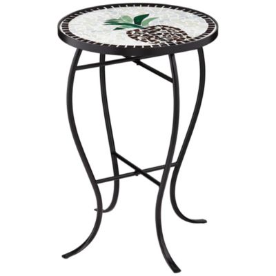 Beige Pineapple Modern Black Metal Round Outdoor Accent Side Table 14" Wide Black Glass Mosaic Tabletop Gracefully Curved Legs for Front Porch Patio Home House Balcony Deck Shed - Teal Island Designs