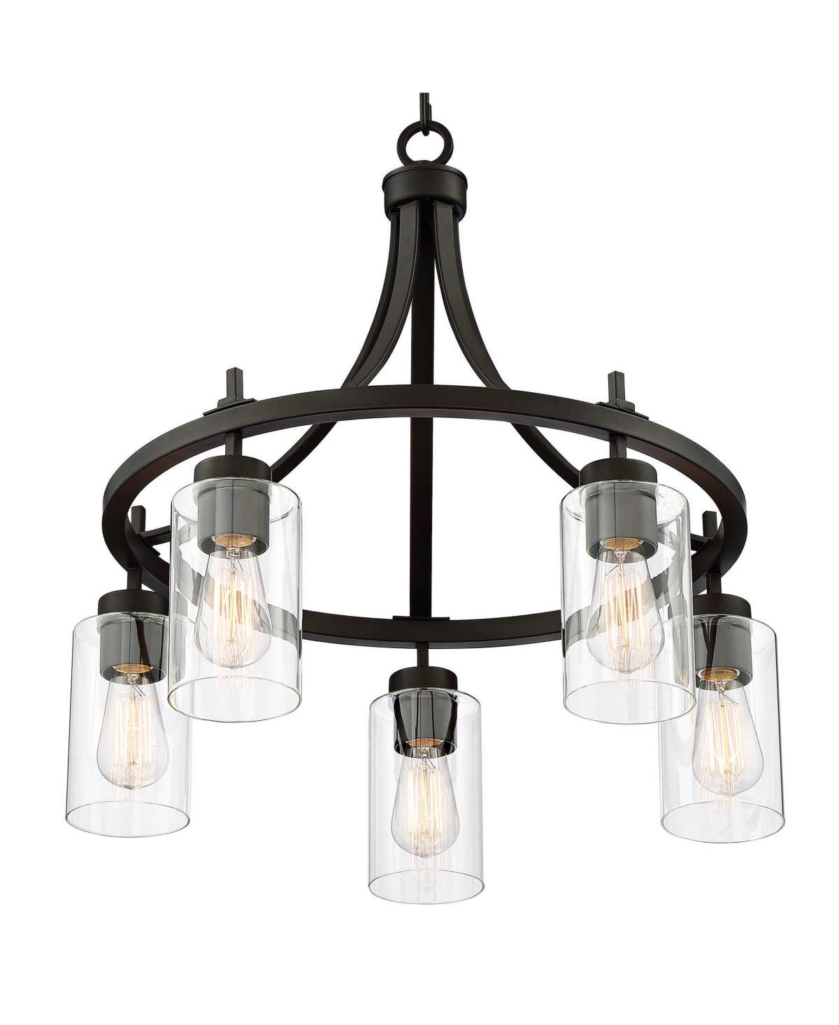 Franklin Iron Works Caleb Bronze Wagon Wheel Pendant Chandelier Wide Industrial Clear Glass 5-Light Fixture for Dining Room House Foyer Entrywa