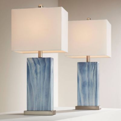 Connie Modern Table Lamps 25" High Set of 2 Blue Faux Marble with USB Charging Port White Rectangular Shade for Living Room Office Desk