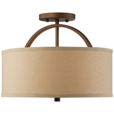 Halsted Modern Ceiling Light Semi Flush Mount Fixture 15" Wide Brushed Bronze 2-Light Oatmeal Linen Drum for Bedroom Living Room