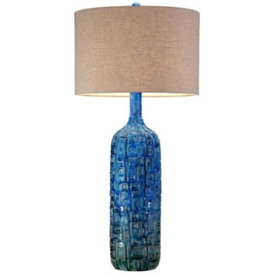 Mid Century Modern Table Lamp Ceramic Tiled Teal Tall Tan Linen Drum Shade for Living Room Family Bedroom (Colors May Vary)