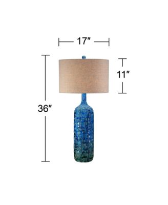 Mid Century Modern Table Lamp Ceramic Tiled Teal Tall Tan Linen Drum Shade for Living Room Family Bedroom (Colors May Vary)