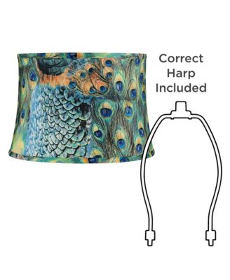 Peacock Print Medium Drum Lamp Shade 14" Top x 16" Bottom x 11" Slant (Spider) Replacement with Harp and Finial