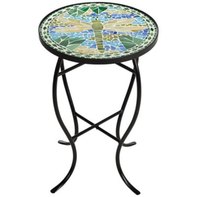 Dragonfly Modern Black Metal Round Outdoor Accent Side Table 14" Wide Blue Green Mosaic Tile Inlay Tabletop Gracefully Curved Legs for Spaces Porch Patio Home House Balcony Deck - Teal Island Designs