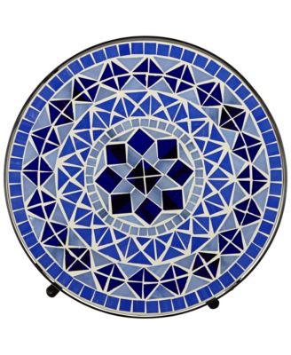 Modern Black Round Outdoor Accent Side Table 14" Wide Light Blue Mosaic Tabletop Front Porch Patio Home House Balcony
