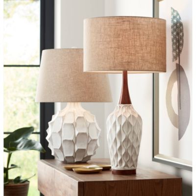Rocco Mid Century Modern Table Lamp 30" Tall White Wave Geometric Ceramic Oak Wooden Neck Tan Fabric Drum Shade for Living Room Bedroom House Bedside Nightstand Home Office - 360 Lighting