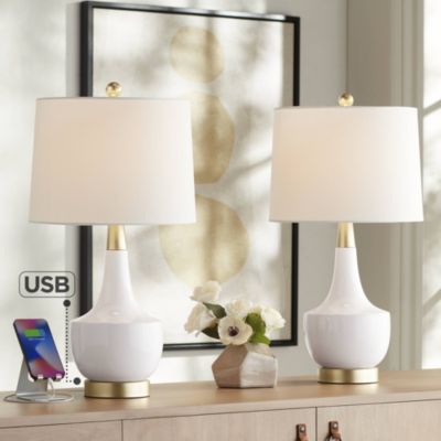 Nesbit 25" High Mid Century Modern Table Lamps Set of 2 USB Port White Gold Ceramic Metal Living Room Charging