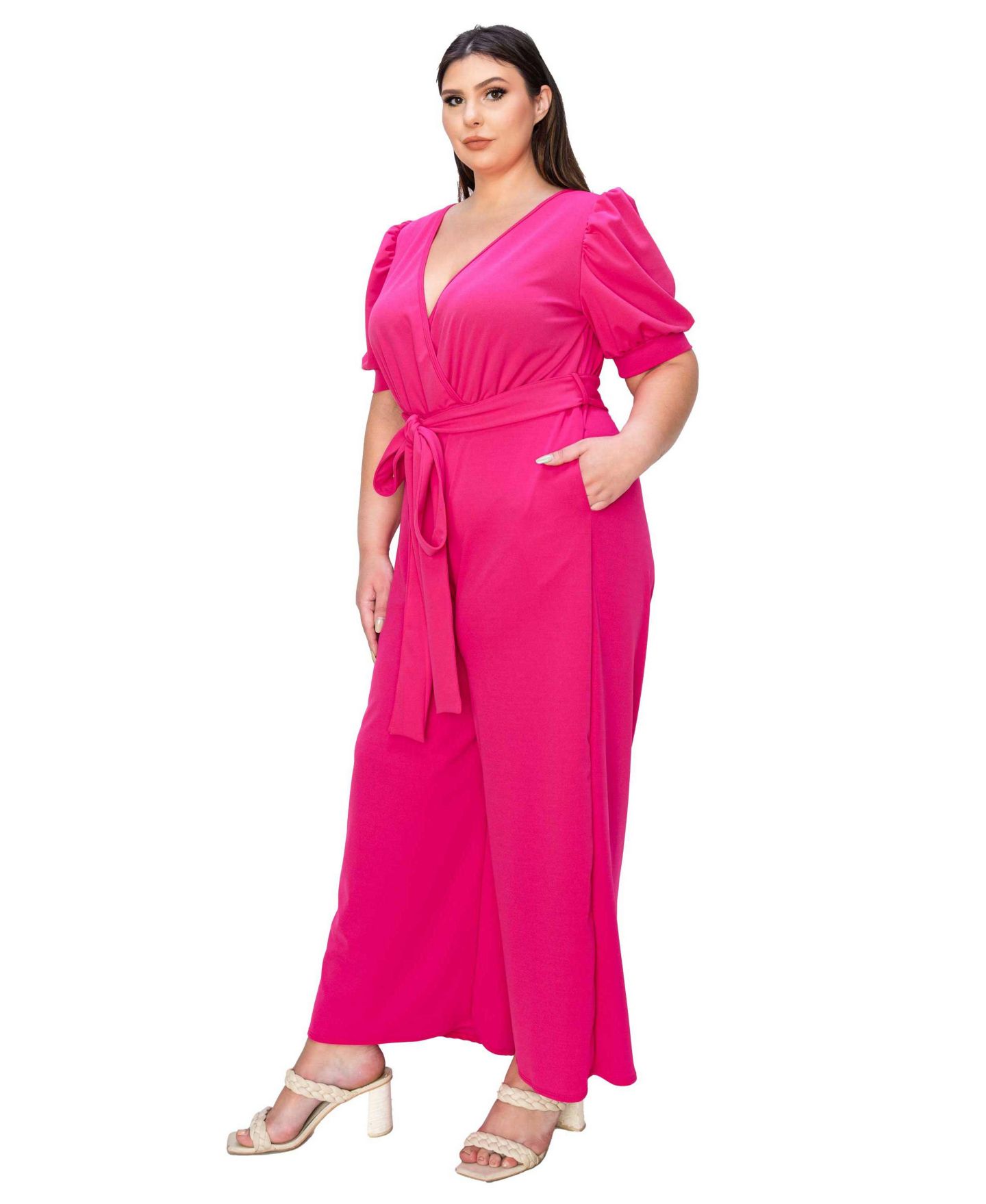 Женский комбинезон L I V D Plus Size Iris Surplice Belted Pocket Jumpsuit, цвет: Неоновый розовый — фото 3