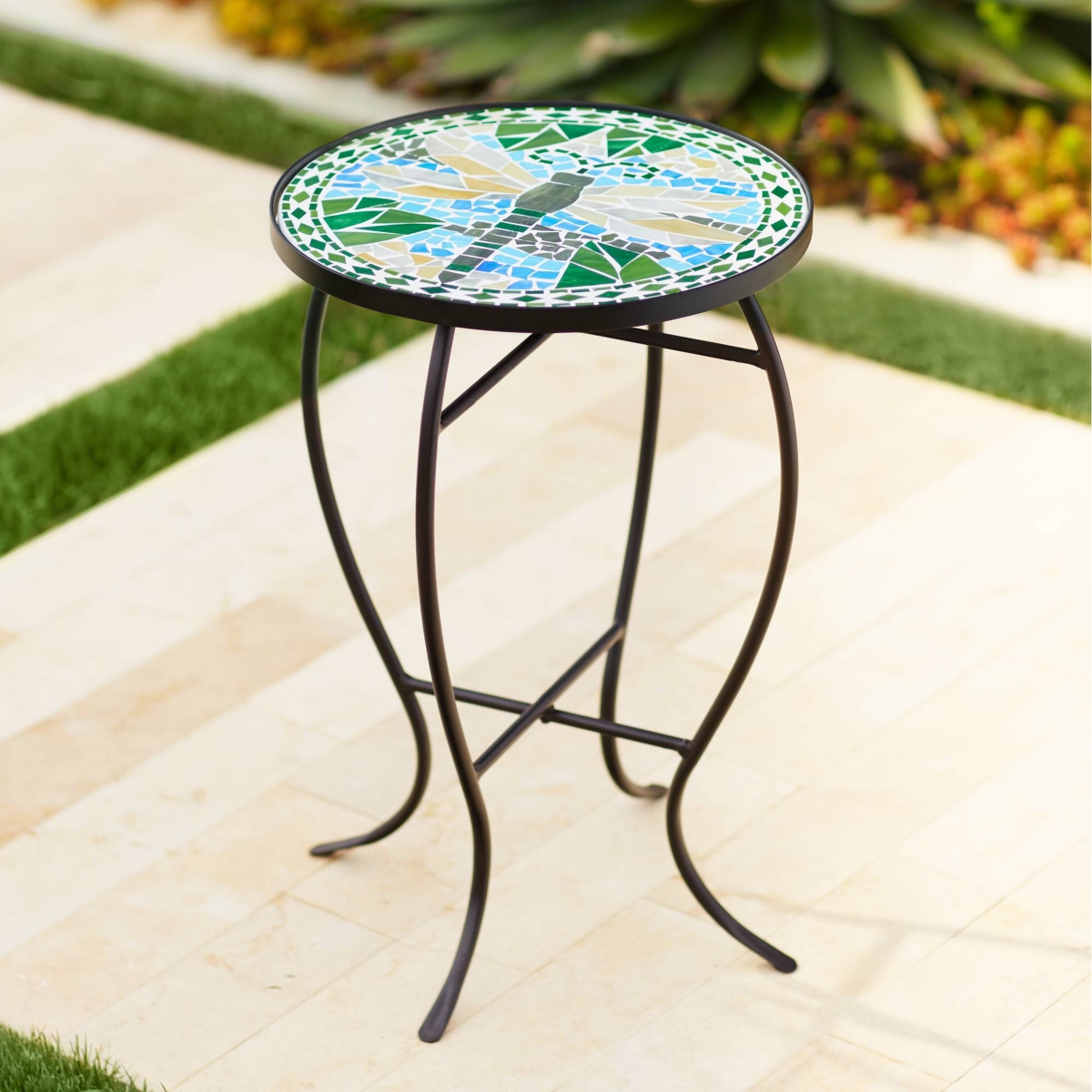 Dragonfly Scene Black Metal Round Outdoor Accent Side Tables Wide Set of 2 Blue Mosaic Tile Tabletop Gracefully Curved Legs Spaces Porch Patio Hom