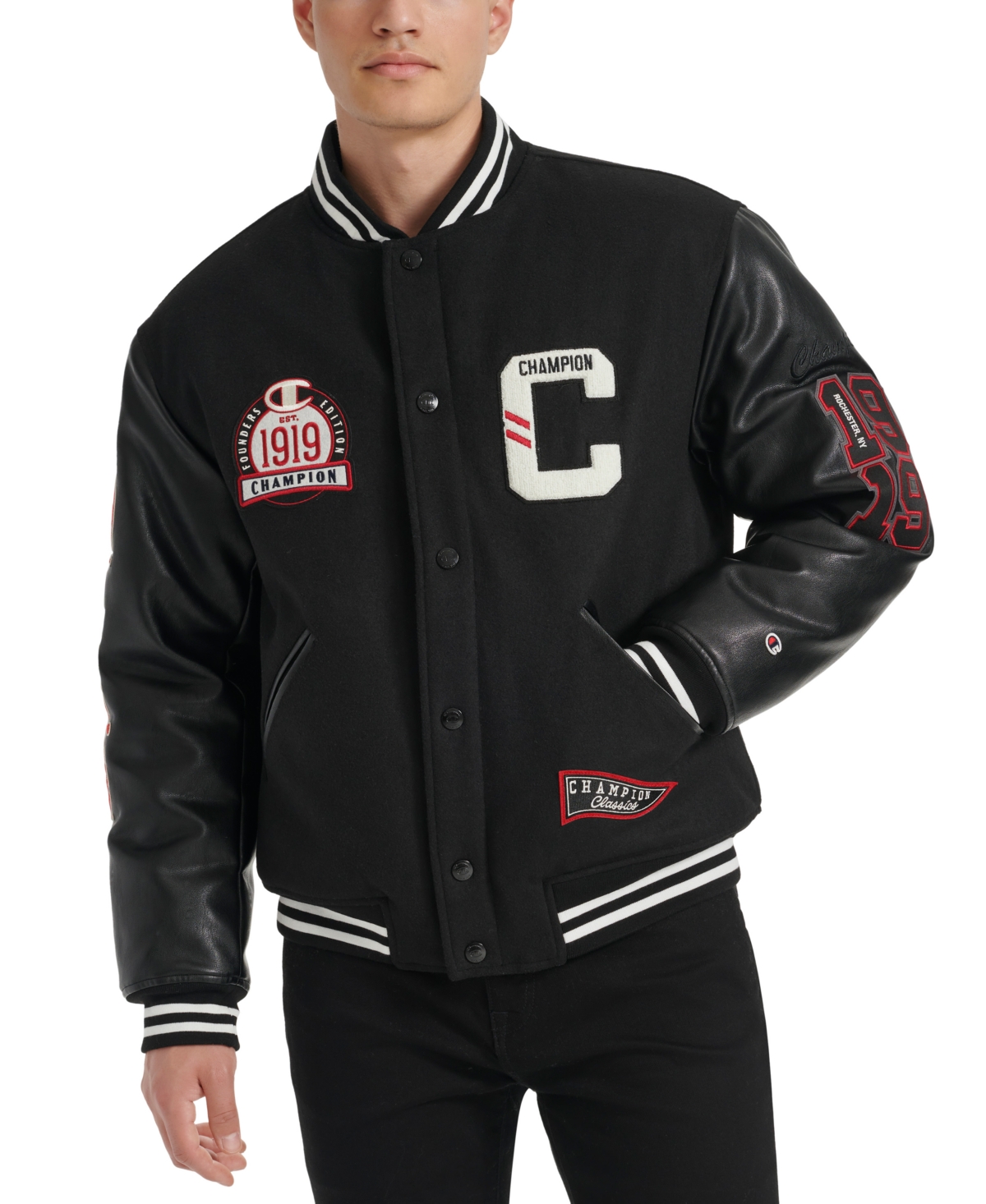 Men's Logo-Patch Mixed-Media Varsity Jacket - Black