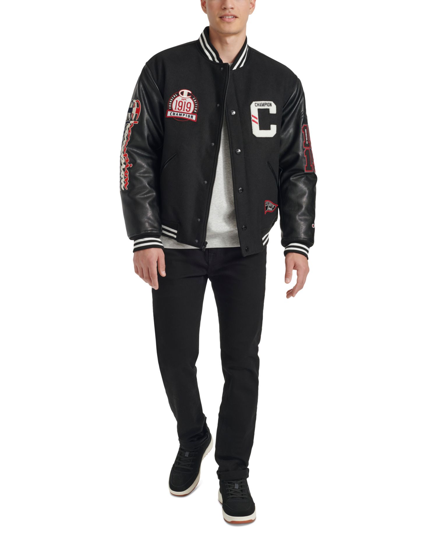 Men's Logo-Patch Mixed-Media Varsity Jacket