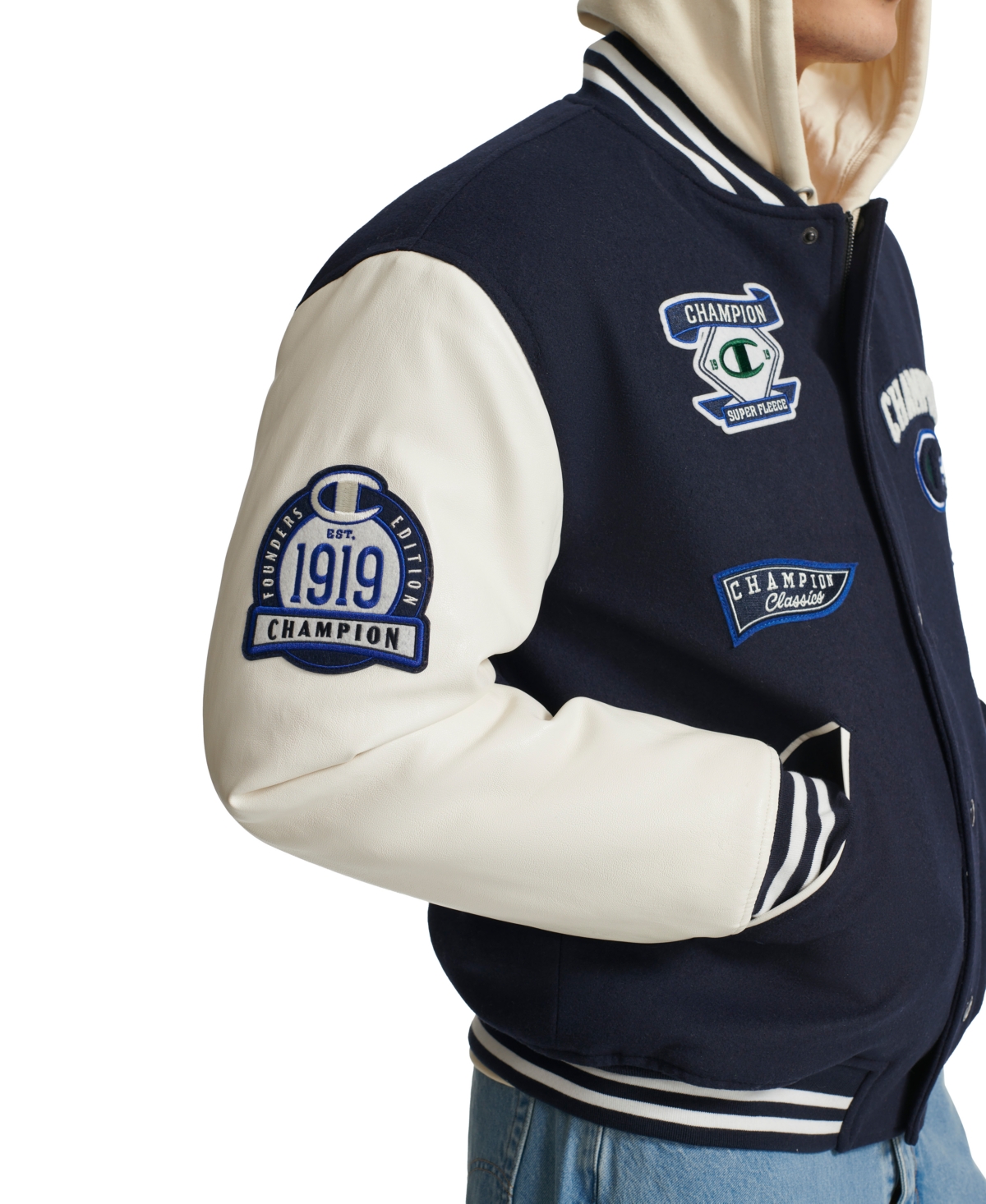 Champion Men's Logo-Patch Mixed-Media Varsity Jacket -White
