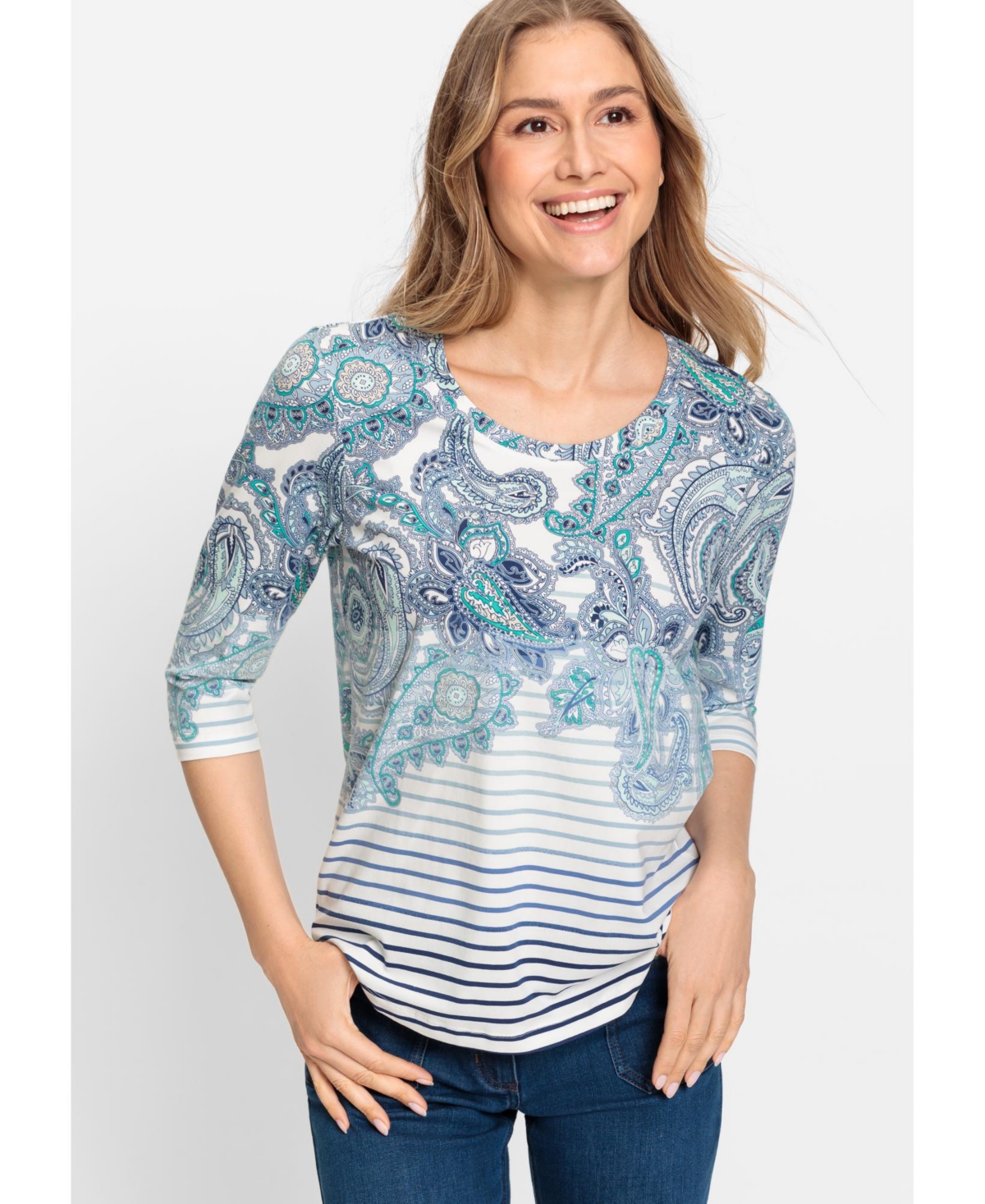 Olsen Women's Cotton Blend 3/4 Sleeve Paisley & Stripe T-Shirt