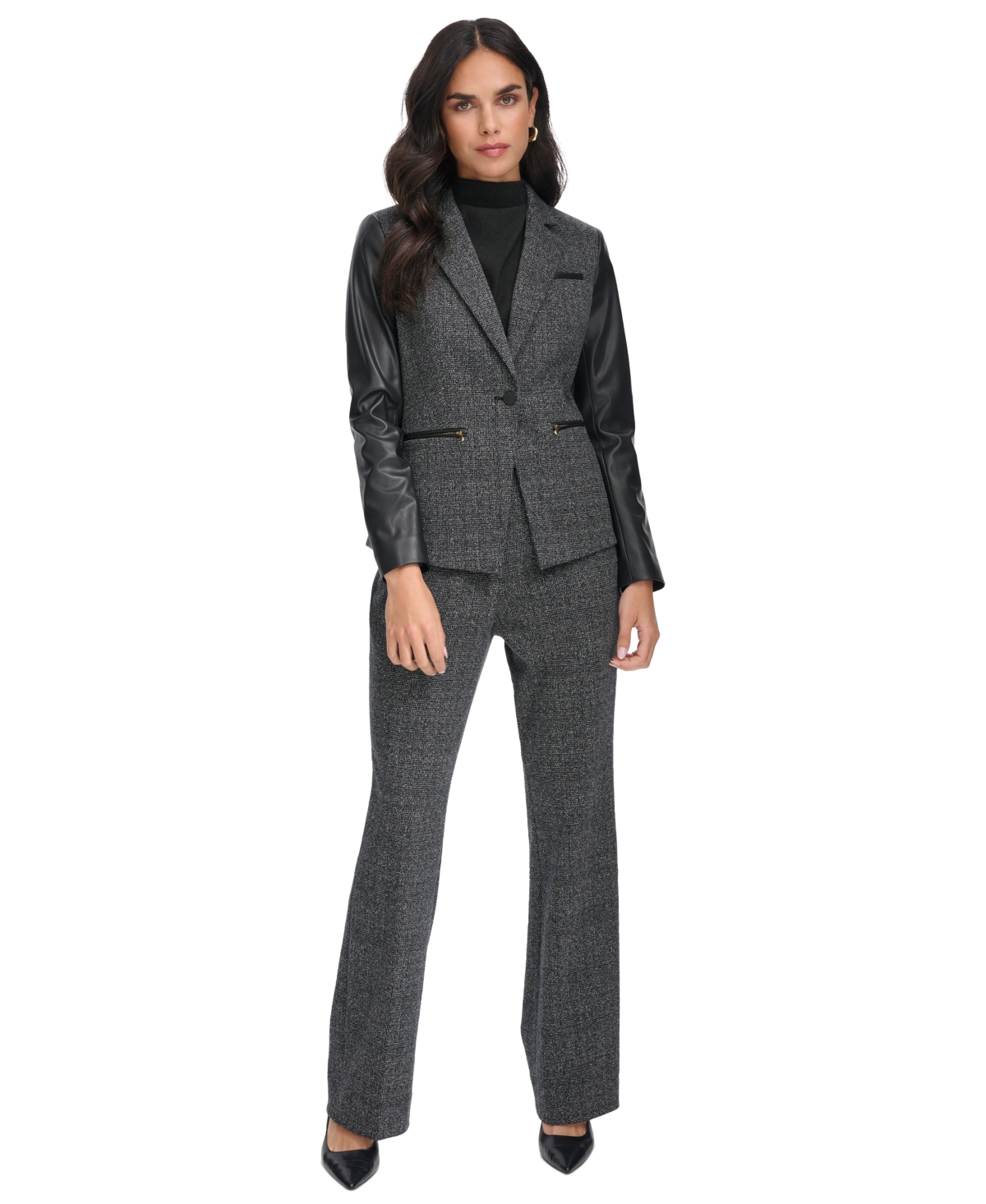 Calvin Klein Women's Faux-Leather-Sleeve Blazer