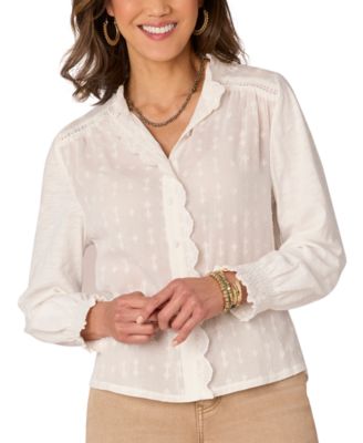 Democracy - Petite Embroidered Scalloped-Trim Blouse