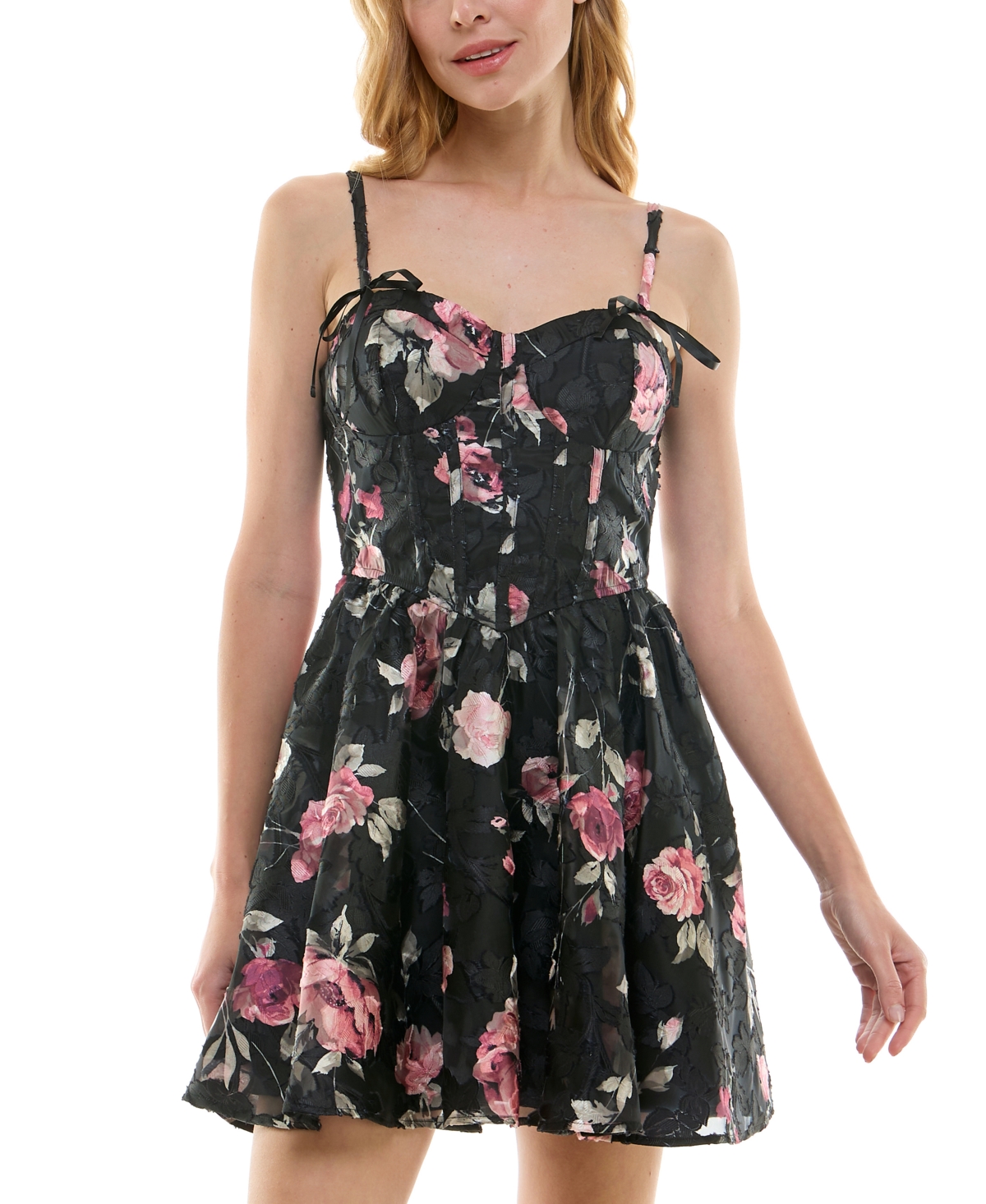 Trixxi Juniors' Textured Floral Organza Jacquard Fit & Flare Dress