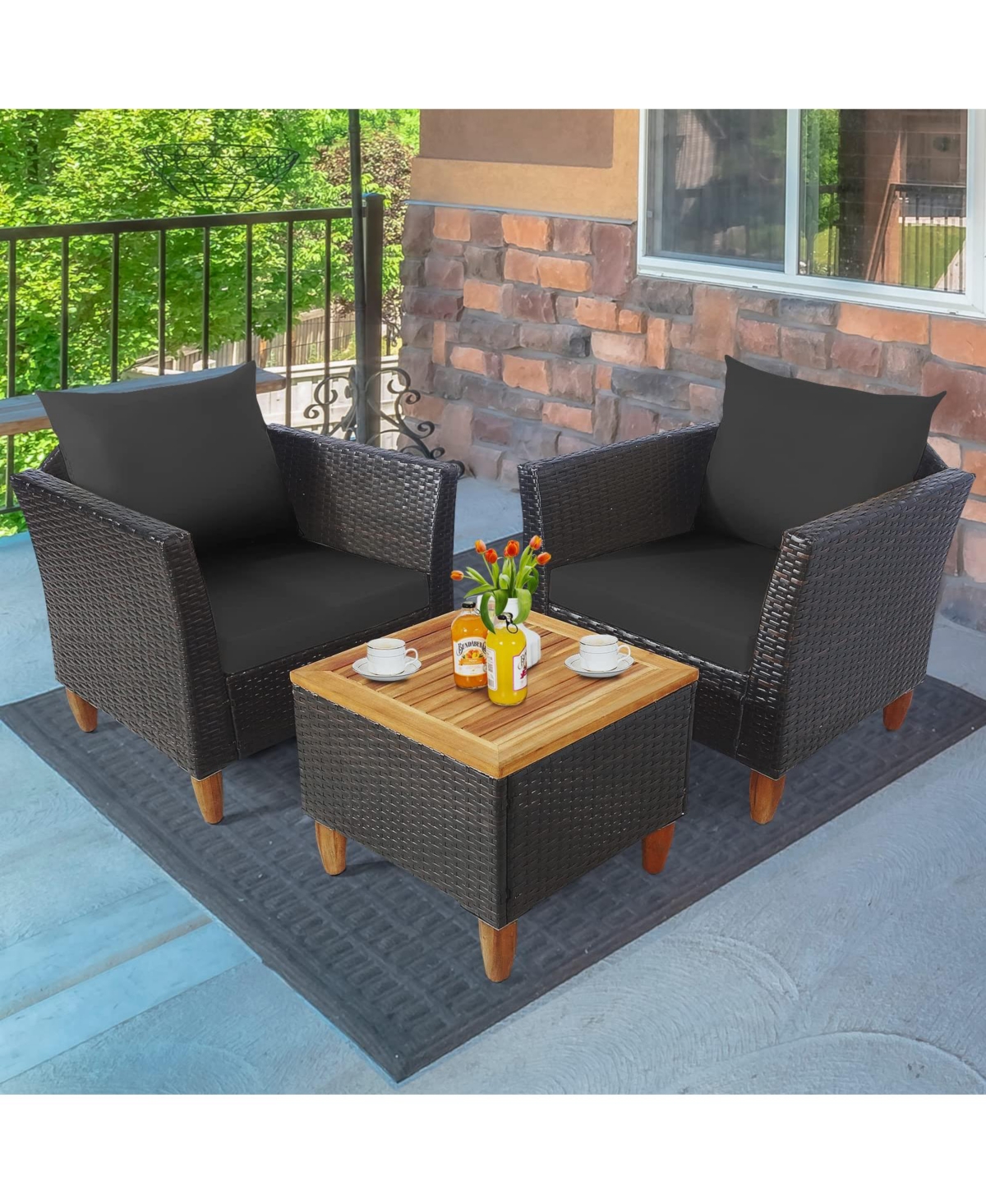 Sugift 3 Pieces Patio Rattan Bistro Furniture Set with Wooden Table Top