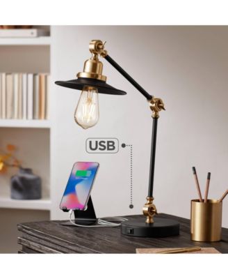 Taurus Industrial Rustic Desk Lamp 20" High Black Gold with USB Charging Port Adjustable for Bedroom Living Room Bedside Nightstand House
