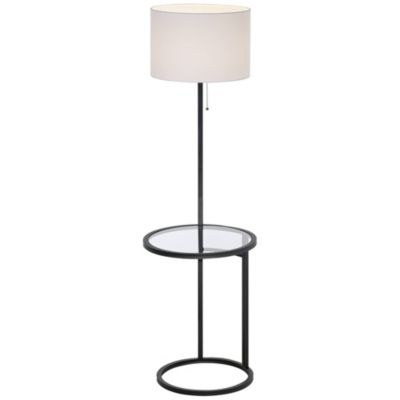 Space Saver Modern Floor Lamp with Tray Table 62" Tall Black Metal White Fabric Drum Shade for Living Room Bedroom Office House Home
