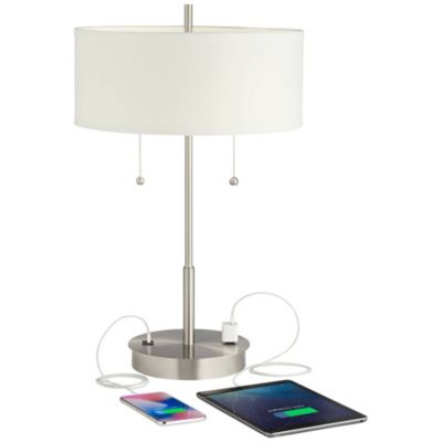 Nikola Modern Accent Table Lamp 23 3/4" High Silver with USB and AC Power Outlet in Base White Drum Shade for Bedroom Living Room Bedside