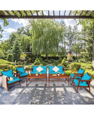 8PCS Patio Rattan Furniture Set Acacia Wood Frame Cushioned Sofa Chair Turquoise