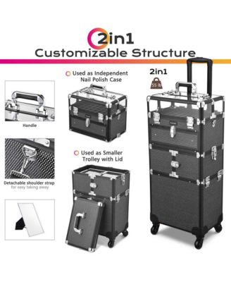 Folding Manicure Nail Table 2in1 Rolling Makeup Train Case Kit Manicure Cosmetic Trolley Travel Organizer Nail Case, Black