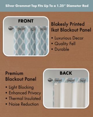 Blakesly Ikat blackout curtains for bedroom, Silver grommet top fit up to 1.25 inches rod Single Curtain Panel for Living Room, Width 50 length 95 inches, Pitch Black Ambiance Aqua Window Panel