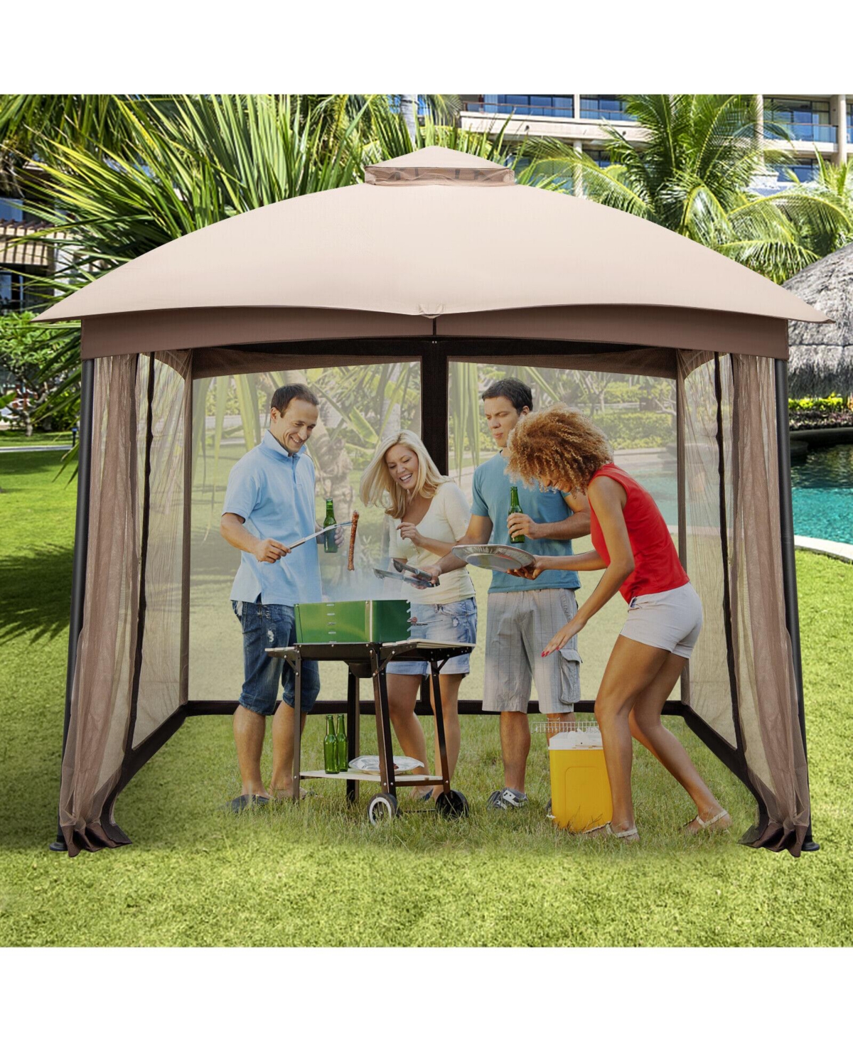 Slickblue 10 X 10 Feet Patio Double-Vent Gazebo with Privacy Netting and 4 Sandbags-Khaki