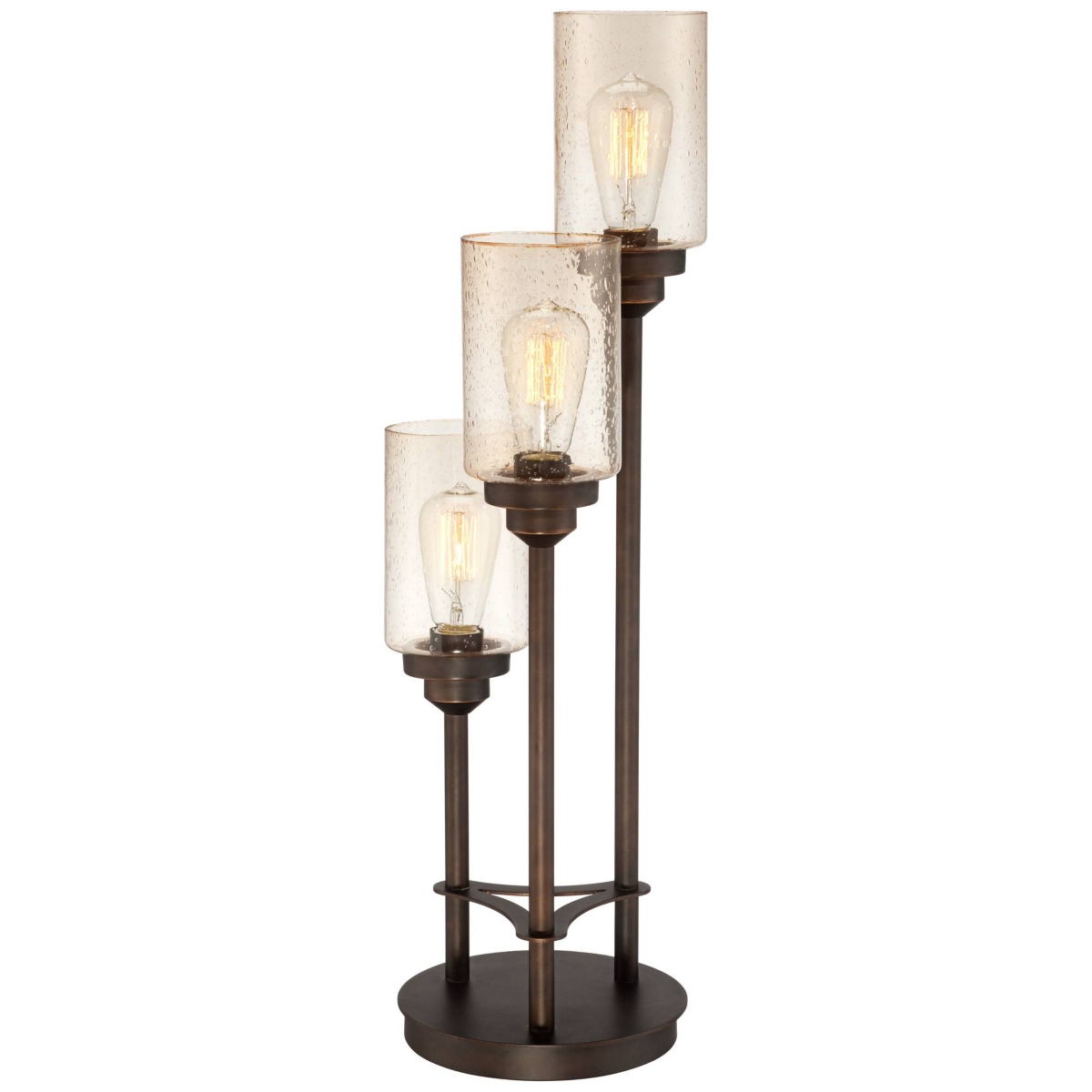 Franklin Iron Works Libby Modern Industrial Rustic Farmhouse Table Lamp Tall Full Size Bronze Metal 3-Light Led Amber Seeded Cylinder Glass for Li
