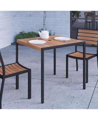 Faux Teak Outdoor Dining Table With Powder Coated Steel Frame And Umbrella Hole