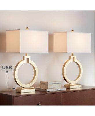 Modern Table Lamps 28 1/2" Tall Set of 2 with USB Charging Port Brushed Gold Open Ring White Shade for Bedroom Living Room House Bedside