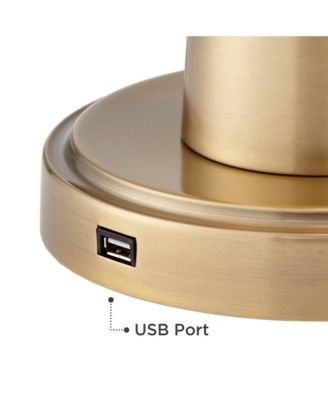 Modern Table Lamps 25" High Set of 2 with USB Charging Port Brass Metal Beige Drum Shade for Bedroom Living Room House Desk Bedside Home