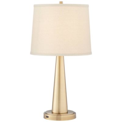Modern Table Lamps 25" High Set of 2 with USB Charging Port Brass Metal Beige Drum Shade for Bedroom Living Room House Desk Bedside Home