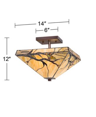 Mission Rustic Ceiling Light Semi Flush Mount Fixture 14" Wide Bronze 2-Light Budding Branch Art Glass Shade for Bedroom Kitchen