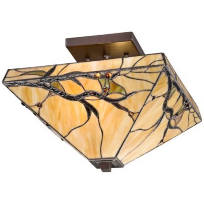 Mission Rustic Ceiling Light Semi Flush Mount Fixture 14" Wide Bronze 2-Light Budding Branch Art Glass Shade for Bedroom Kitchen