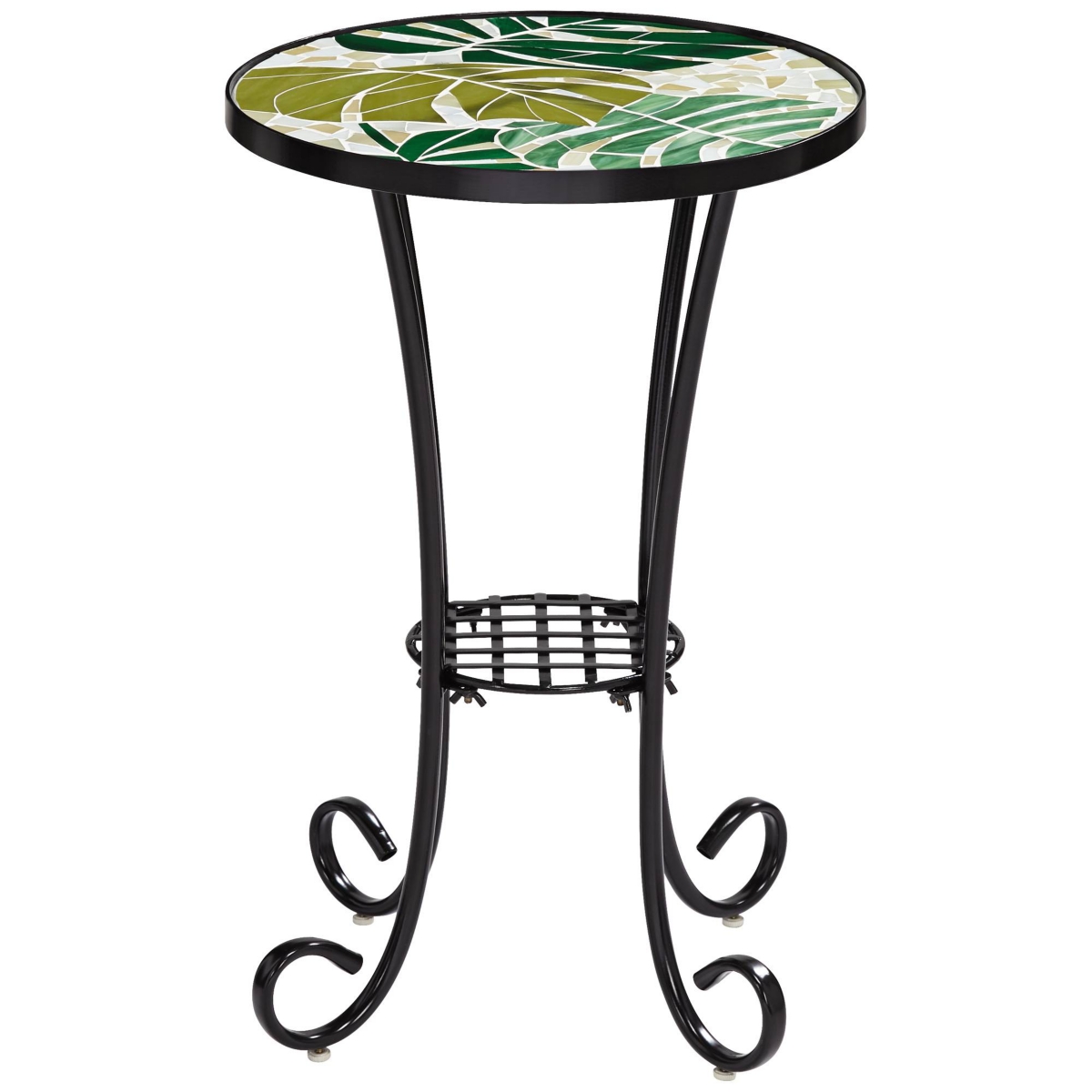 Teal Island Designs Tropical Leaves Black Metal Round Outdoor Accent Side Table WideMosaic Tabletop Gracefully Curved Legs for Spaces Front