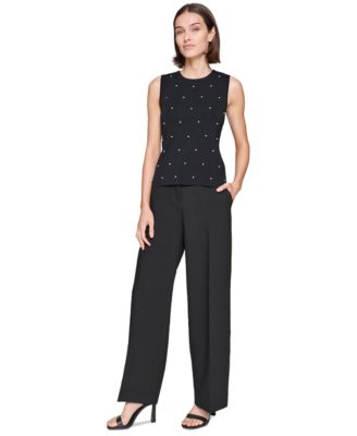 Karl Lagerfeld Women's Round-Neck Faux-Pearl Sleeveless Sweater Top