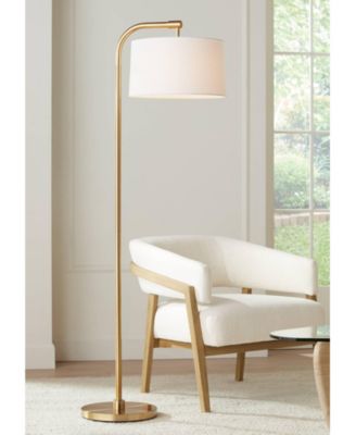 Modern Art Deco Arc Floor Lamp 64" Tall Warm Gold Metal White Fabric Drum Shade for Living Room Reading Family Bedroom Office House Home