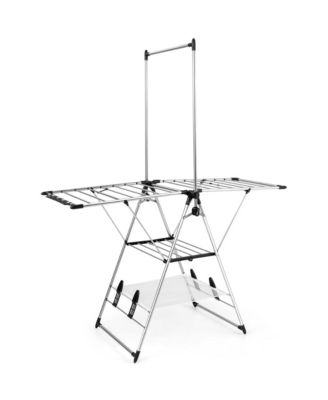 2-Layer Stainless Steel Foldable Drying Rack w/ Hanging Bar & 2 Height-adjustable Wings