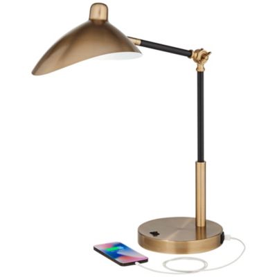 Colborne Modern Mid Century Desk Table Lamp 28" Tall Antique Brass Black with USB Charging Port LED for Bedroom Living Room Bedside Kids