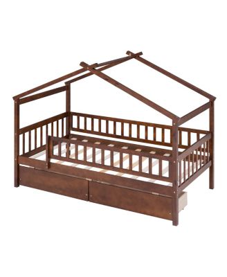 Twin Size Wooden House Bed With Two Drawers, Walnut