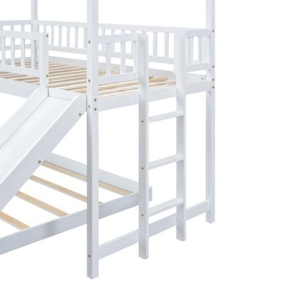 Twin Over Full House Bunk Bed With Slide And Built-In Ladder, Full-Length Guardrail