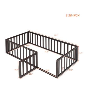 Twin Size Wood Floor Bed Frame With Fence And Door, Walnut