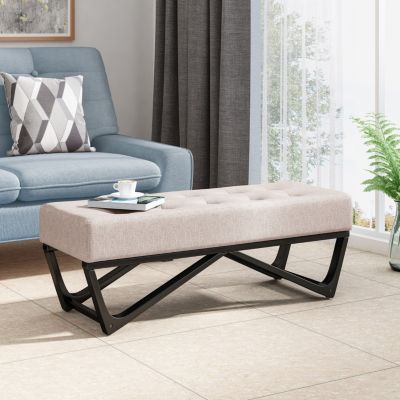 Modern Tufted Collection features a fabric upholstered bench with black geometric legs, offered as a stylish bench