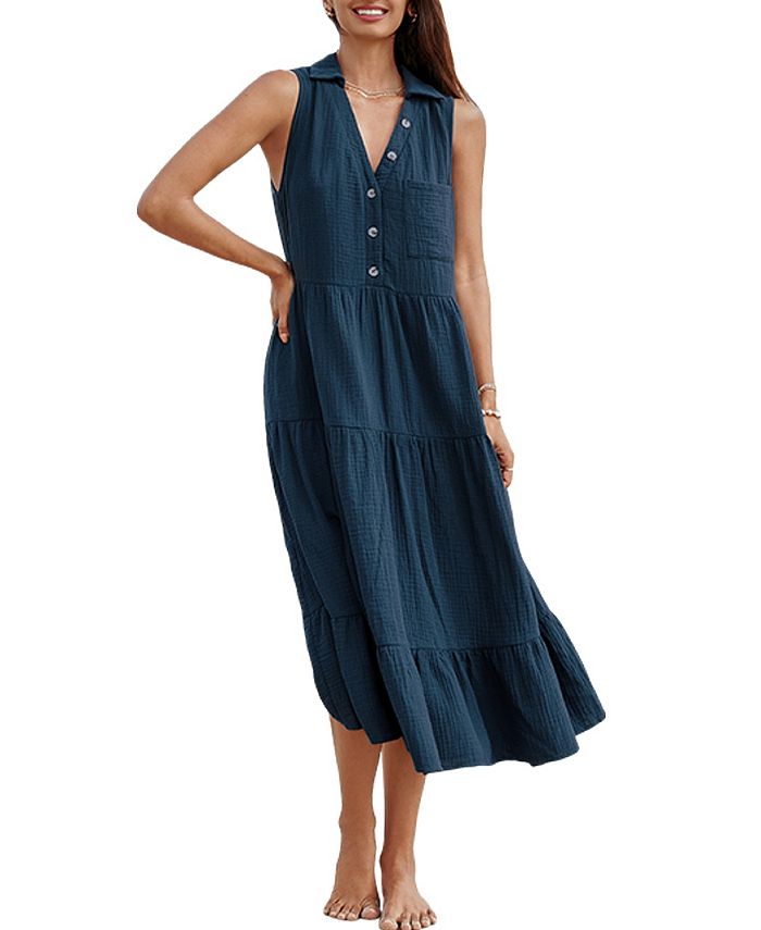 CUPSHE Women's Navy Sleeveless Half-Button Midi Beach Dress - Macy's