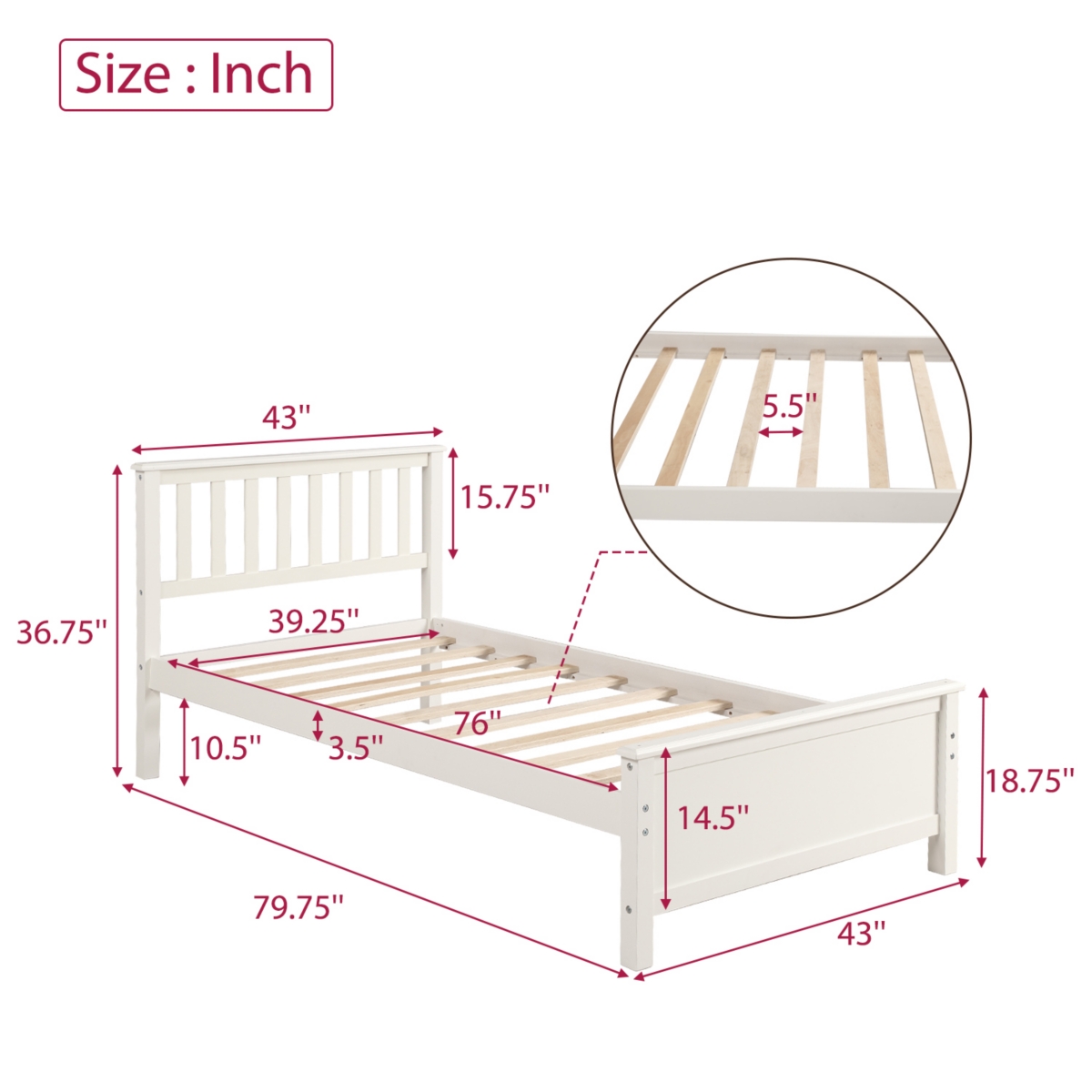 Streamdale Furniture Twin Size Wood Platform Bed With Headboard, Footboard And Wood Slat Support