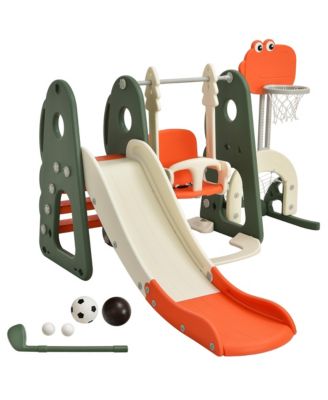 6 in 1 Toddler Slide and Swing Set Climber Playset w/ Ball Games Orange