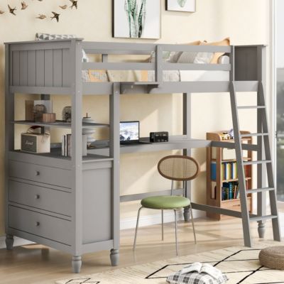 Twin Size Loft Bed With Drawers And Desk, Wooden Loft Bed With Shelves