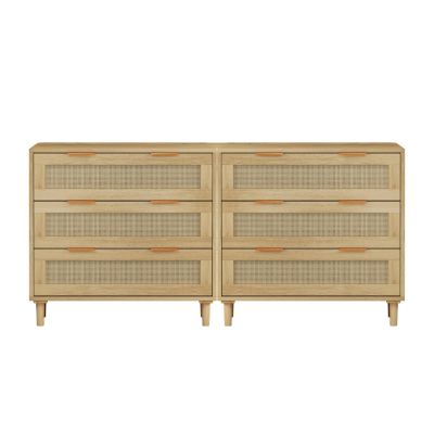 Modern 3-Drawer Oak Rattan Storage Cabinet (Set of 2)